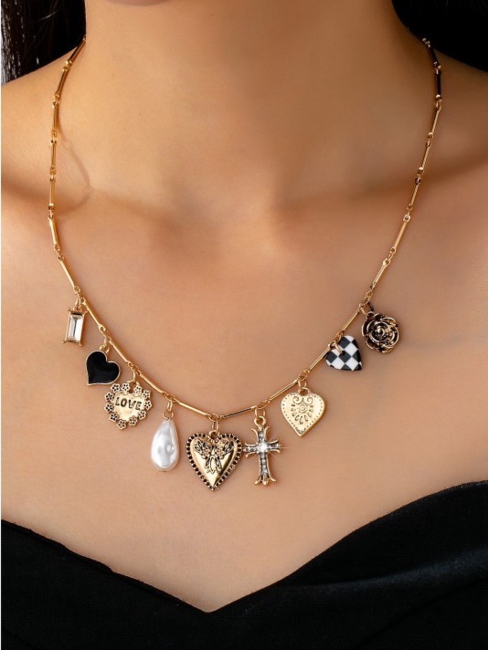Gold-Plated Mixed Charm Necklace Hearts Pearl Cross Love 17”